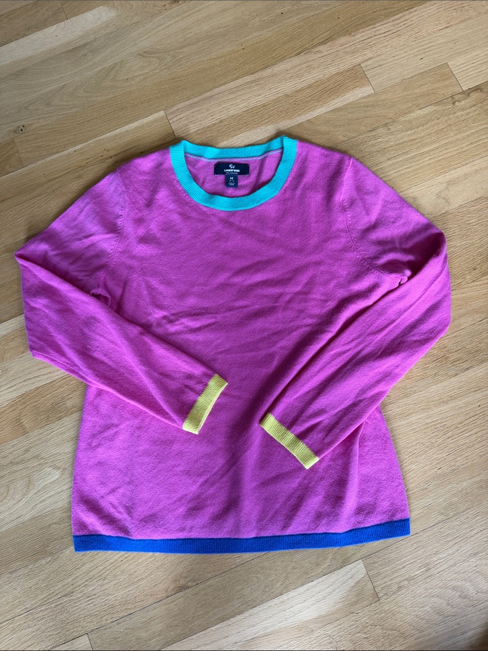 Lands' End Pink Crewneck Sweater with Turquoise, Yellow & Blue Trim